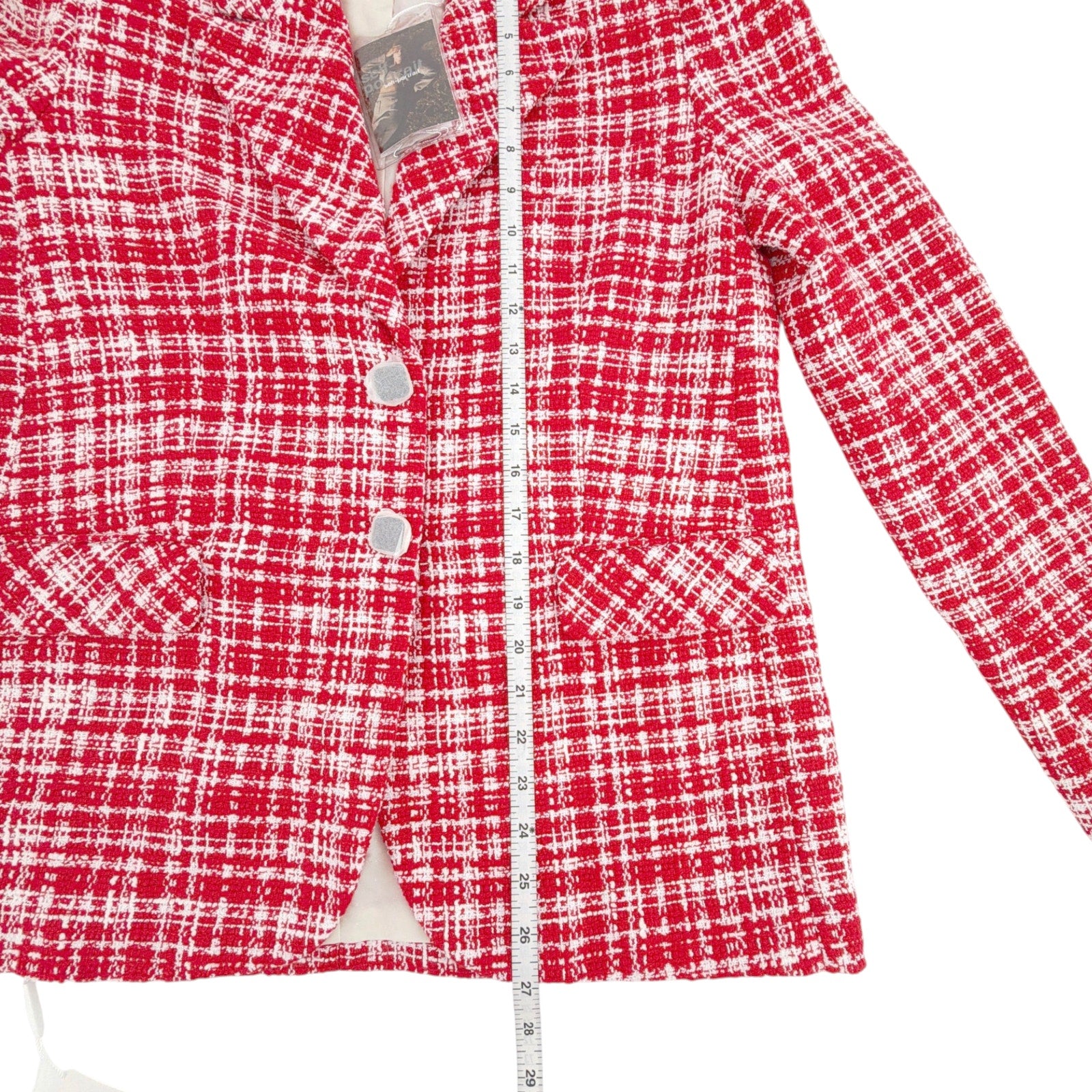 SELF-PORTRAIT Bouclé Checked Blazer in Red Self-Portrait