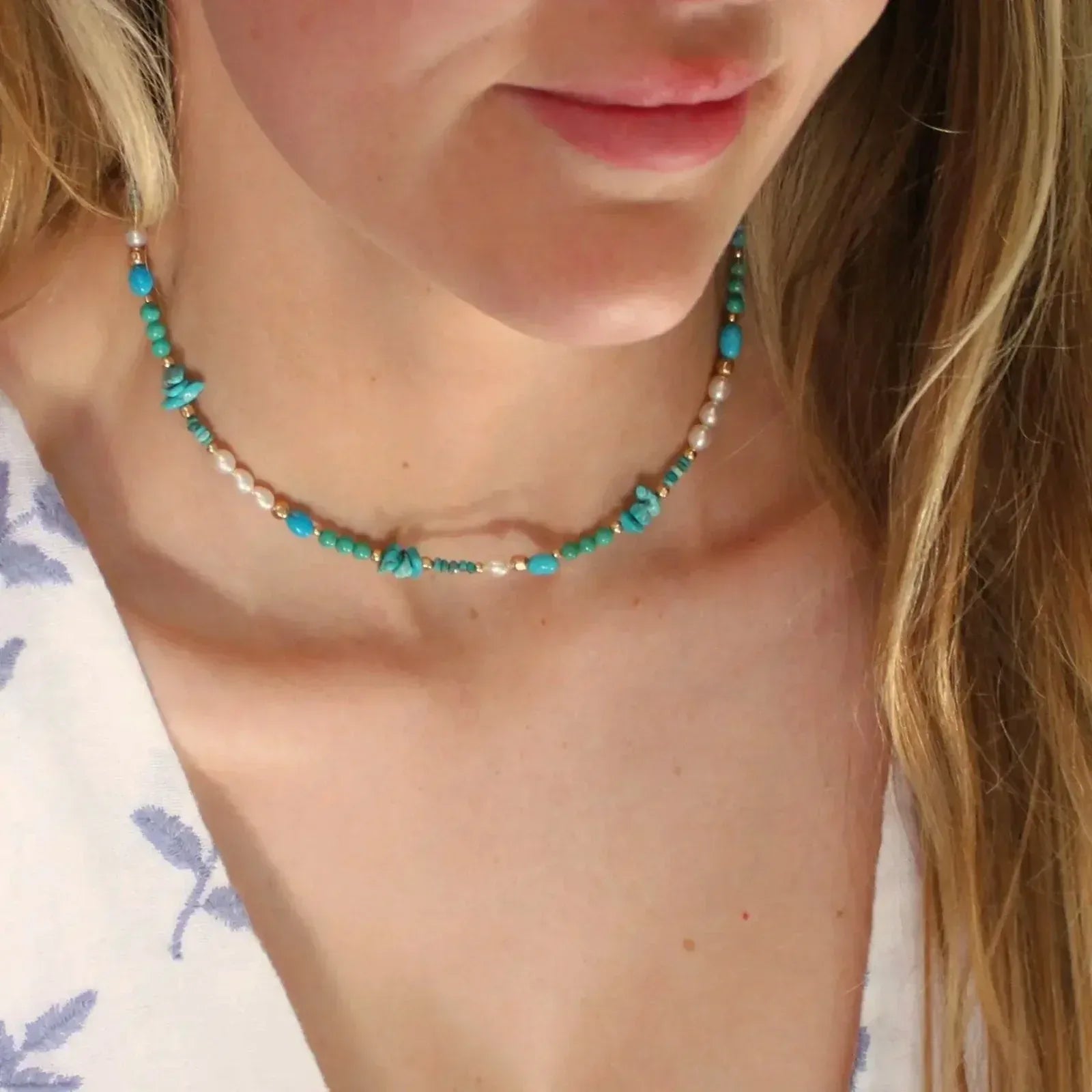THE SILVER WREN Beaded Turquoise and Pearl Necklace - flyKAMP