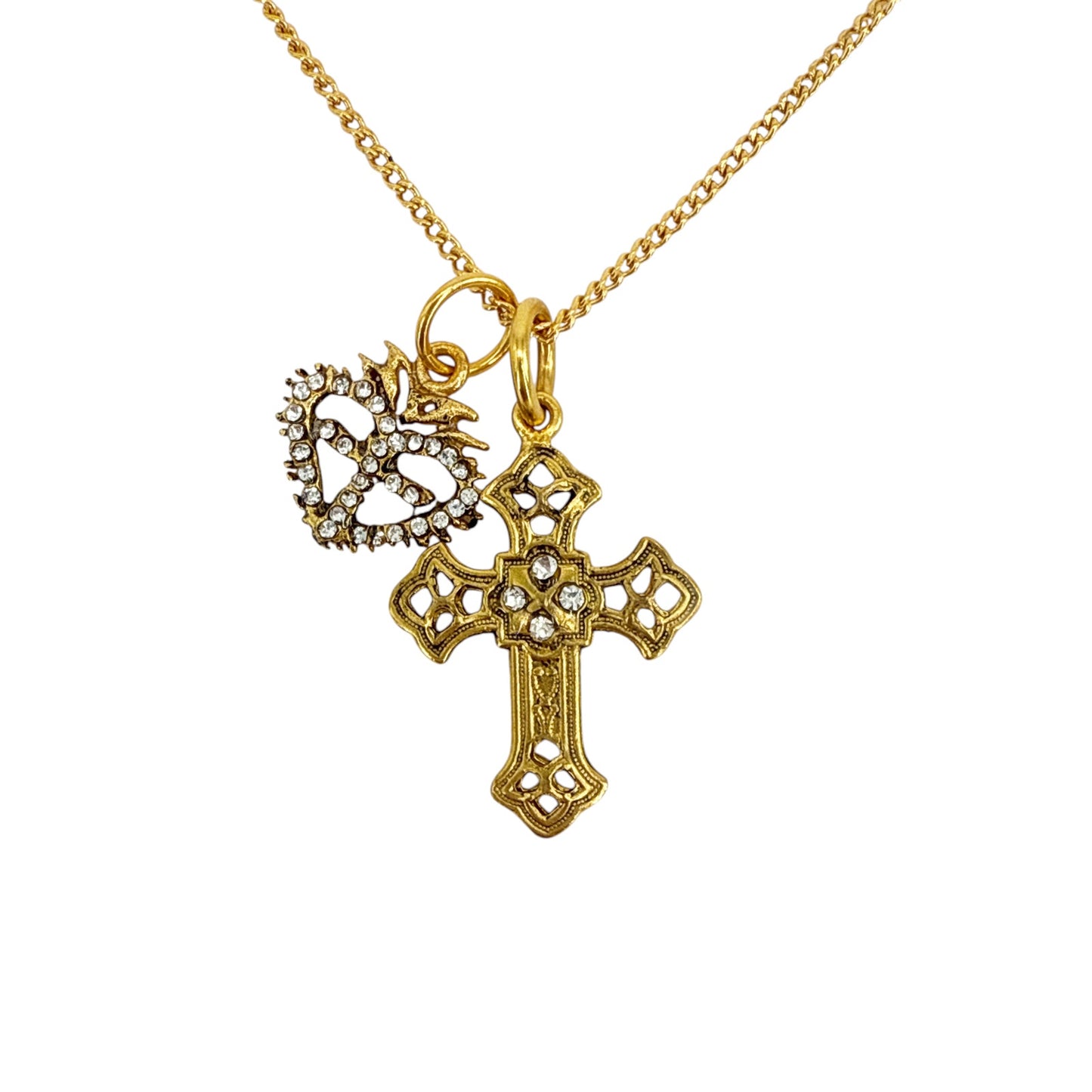 VIRGINS SAINTS & ANGELS VSA Basilica Cross & Sacred Heart Charm Necklace Gold