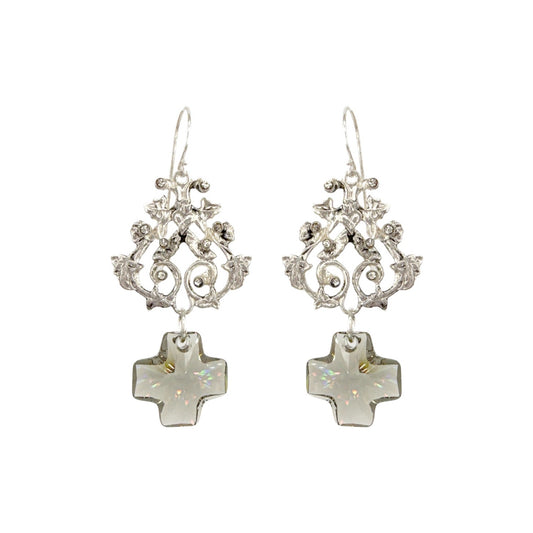 VIRGINS SAINTS & ANGELS VSA Vine Earrings with Cross in Silver & Black Diamond
