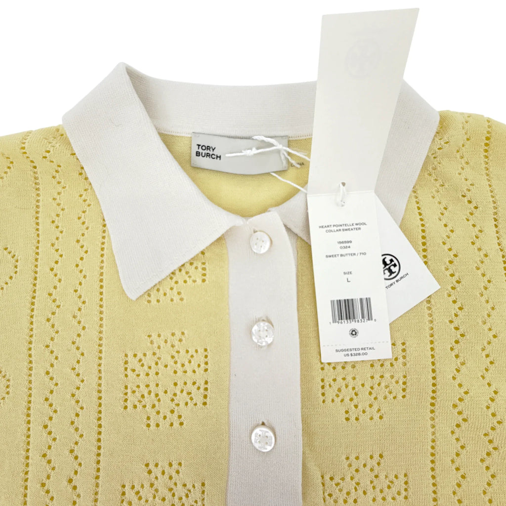 TORY BURCH Heart Pointelle Sweater in Sweet Butter L - flyKAMP