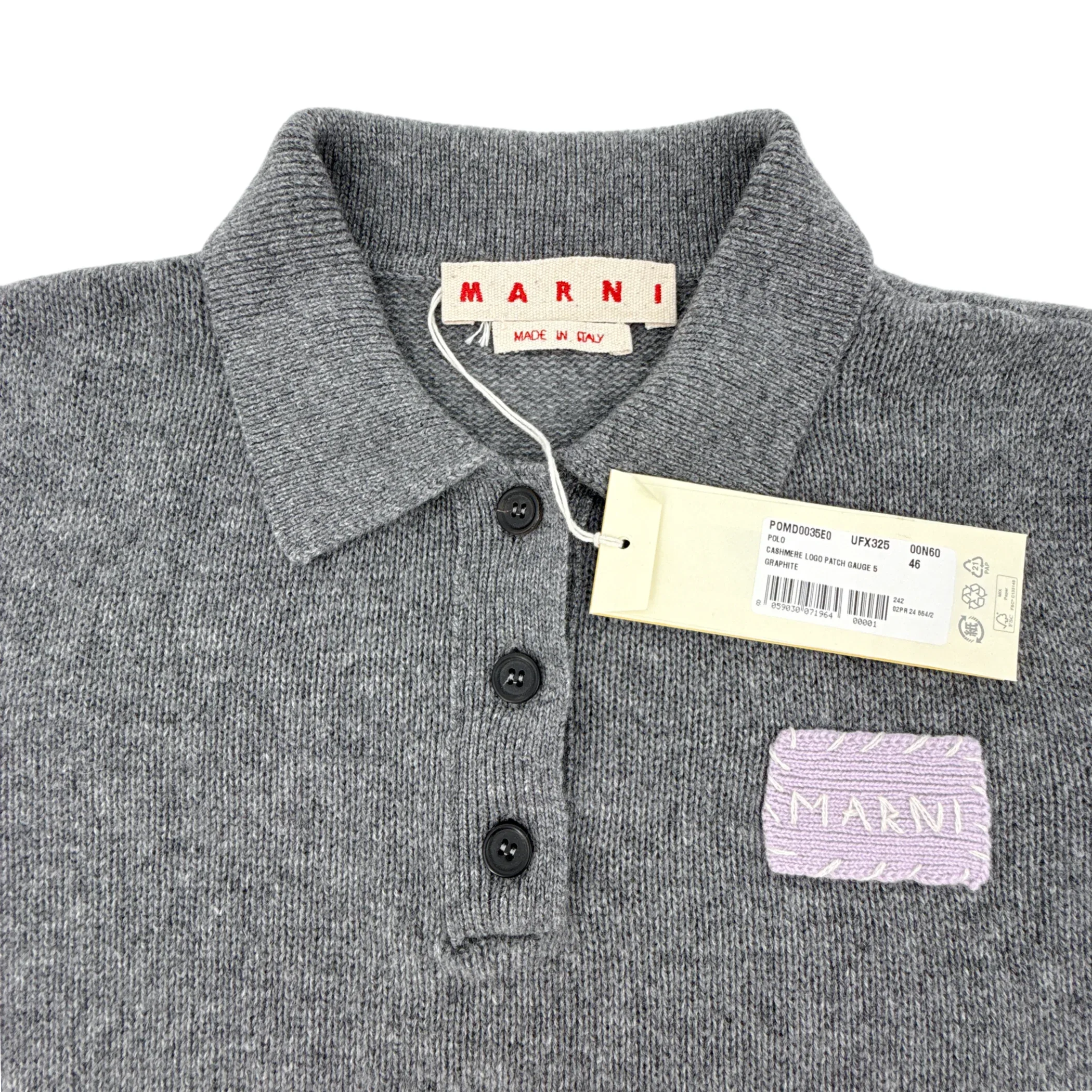 MARNI Cashmere Polo Jumper with Marni Patch in Graphite IT46|US10 - flyKAMP