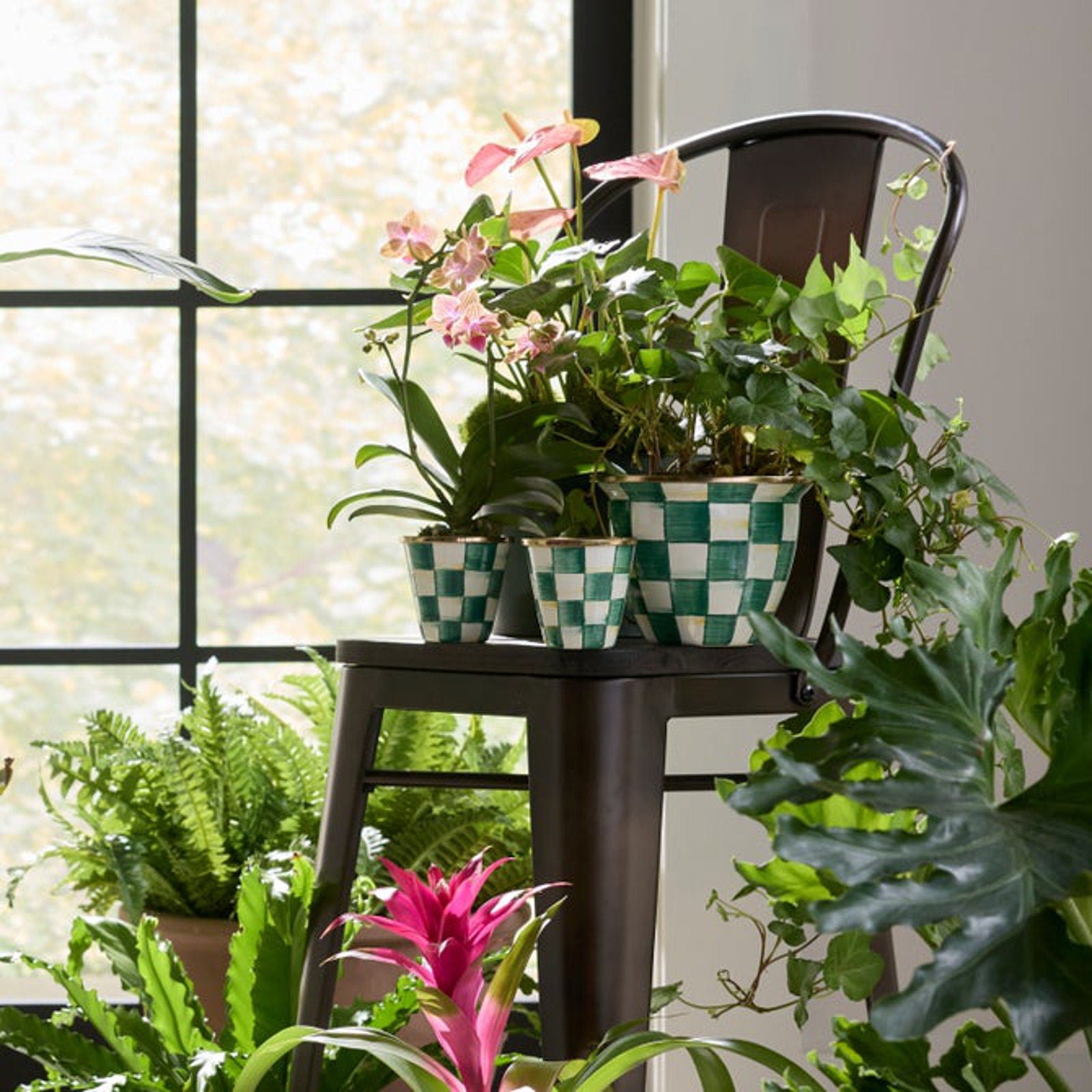 MACKENZIE-CHILDS Herb Pots in Emerald Check Set of 3 Mackenzie-Childs