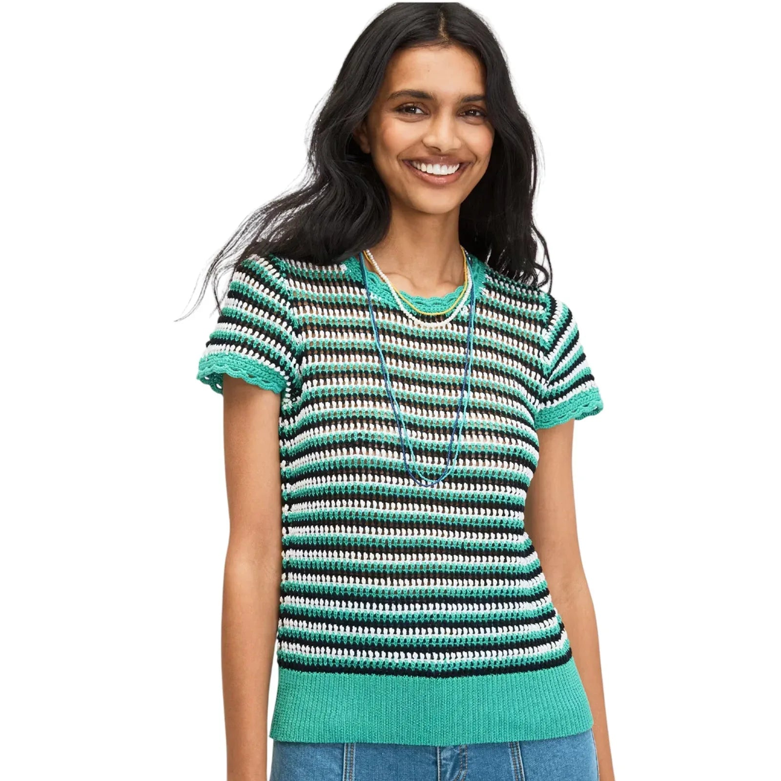 KATE SPADE New York Crochet Short Sleeve Sweater in Gumdrop Green S - flyKAMP