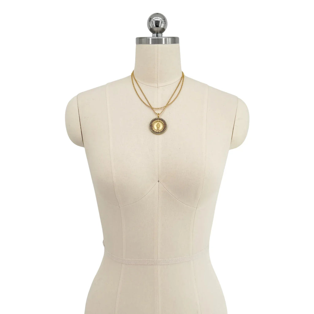 VIRGINS SAINTS & ANGELS VSA Disco Virgin Charm Necklace in Gold & Pacific Opal - flyKAMP