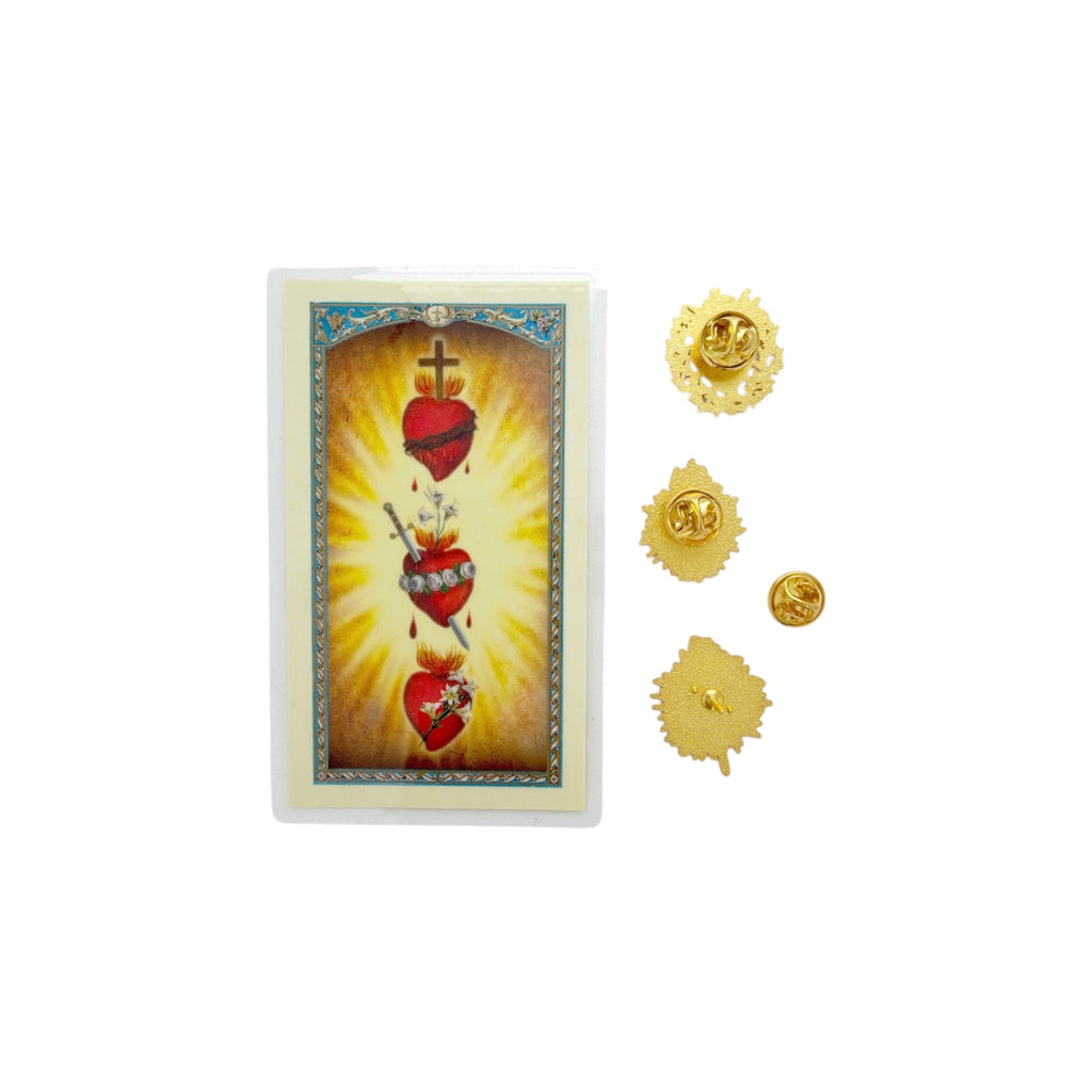 THE THREE HEARTS of the Holy Family Brooch Pins & Prayer Card Gift Set Fratelli Bonella