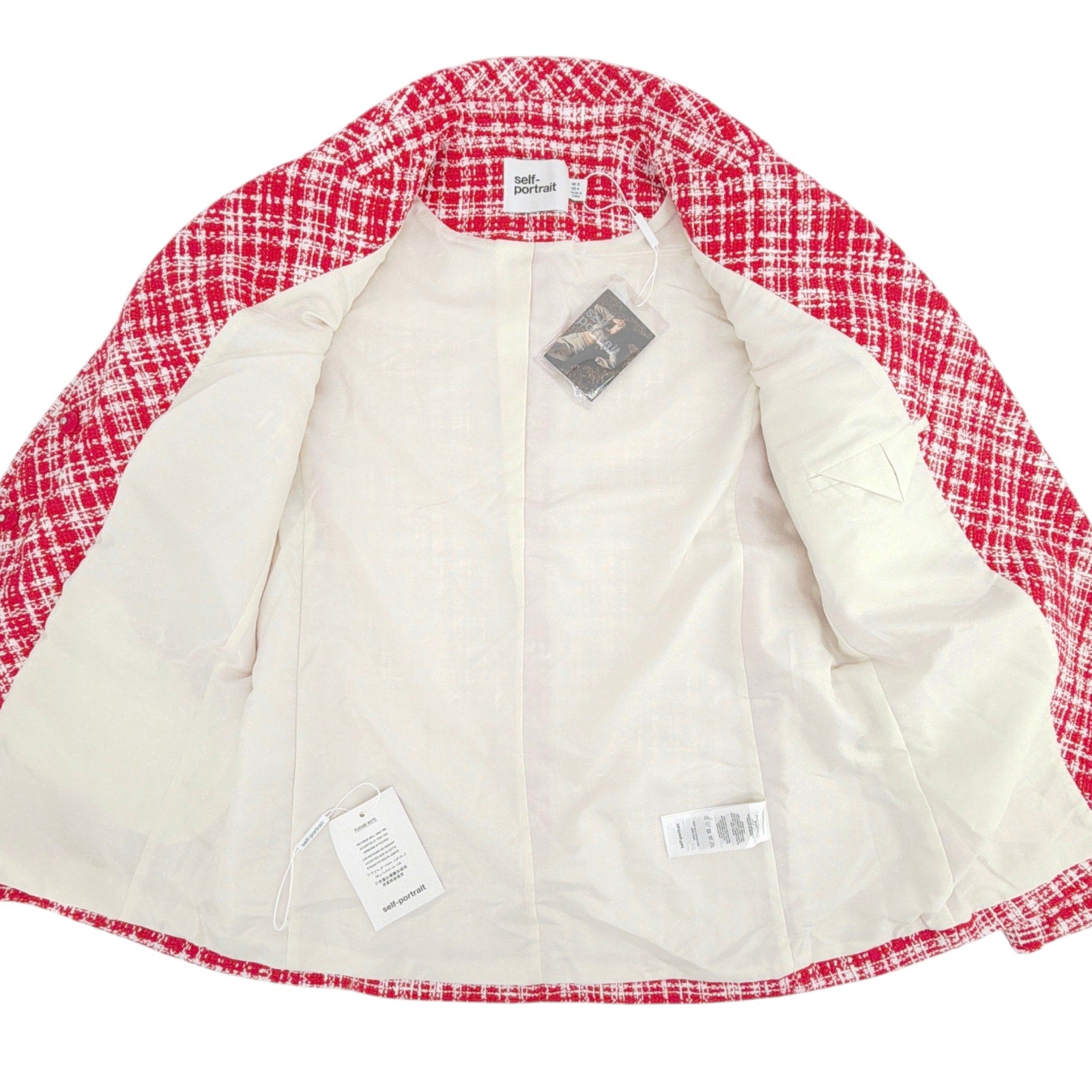 SELF-PORTRAIT Bouclé Checked Blazer in Red Self-Portrait