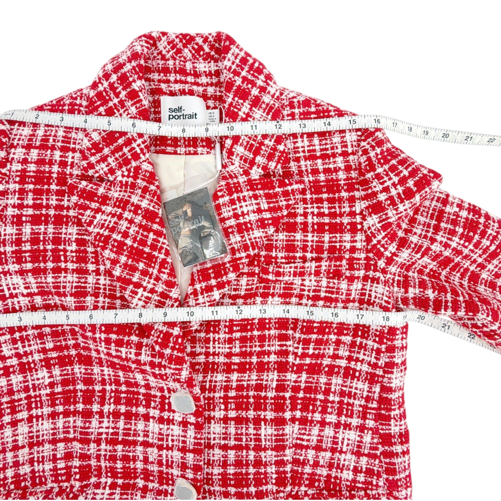 SELF-PORTRAIT Bouclé Checked Blazer in Red Self-Portrait