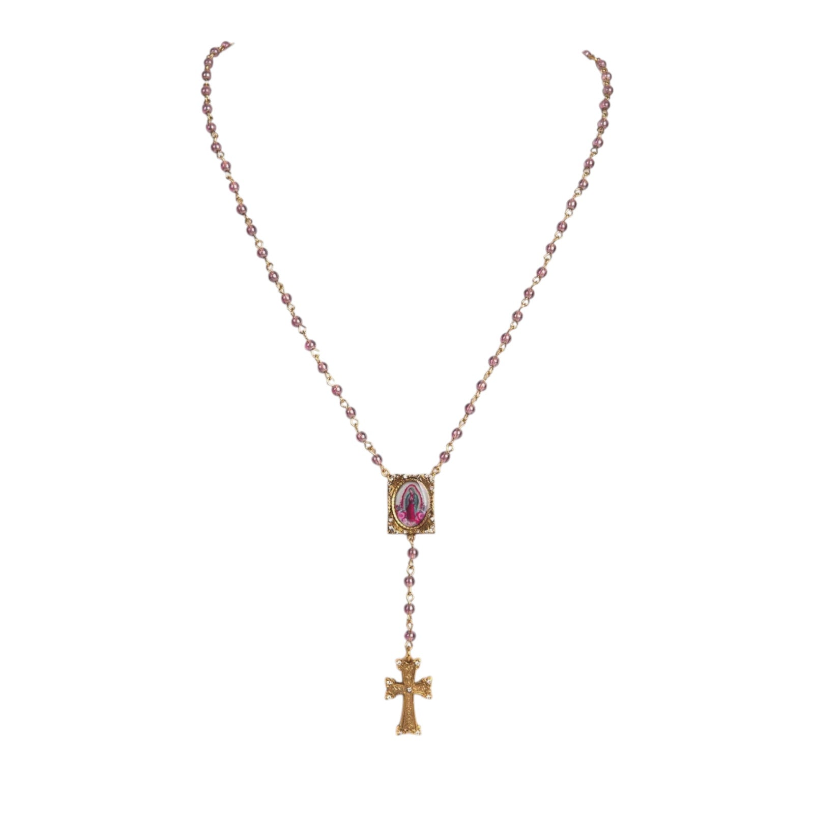 VIRGINS SAINTS & ANGELS VSA Retablo Guadalupe Rosary Necklace in Gold & Pink Virgins Saints & Angels
