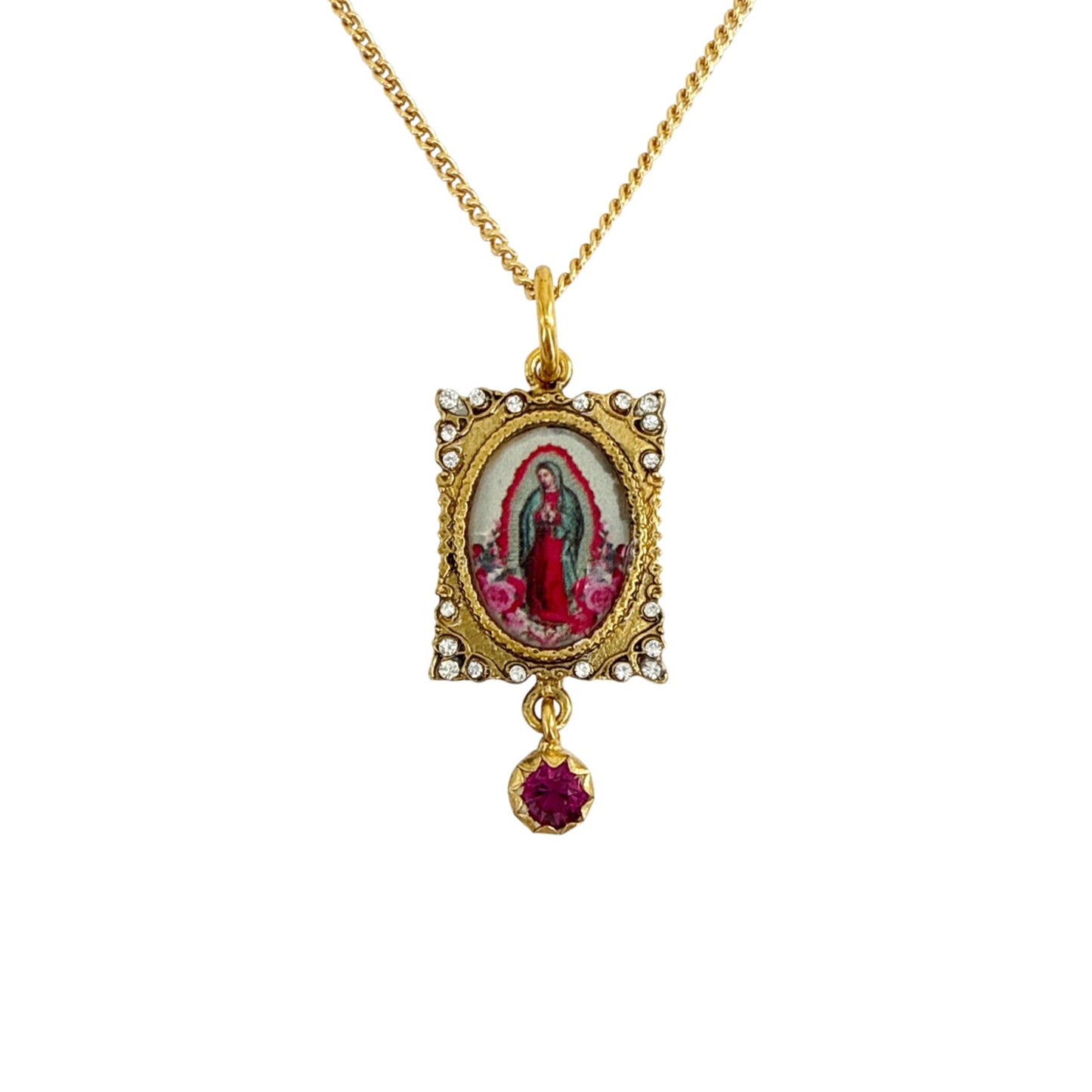 VIRGINS SAINTS & ANGELS VSA Retablo Pink Guadalupe Charm Necklace in Gold