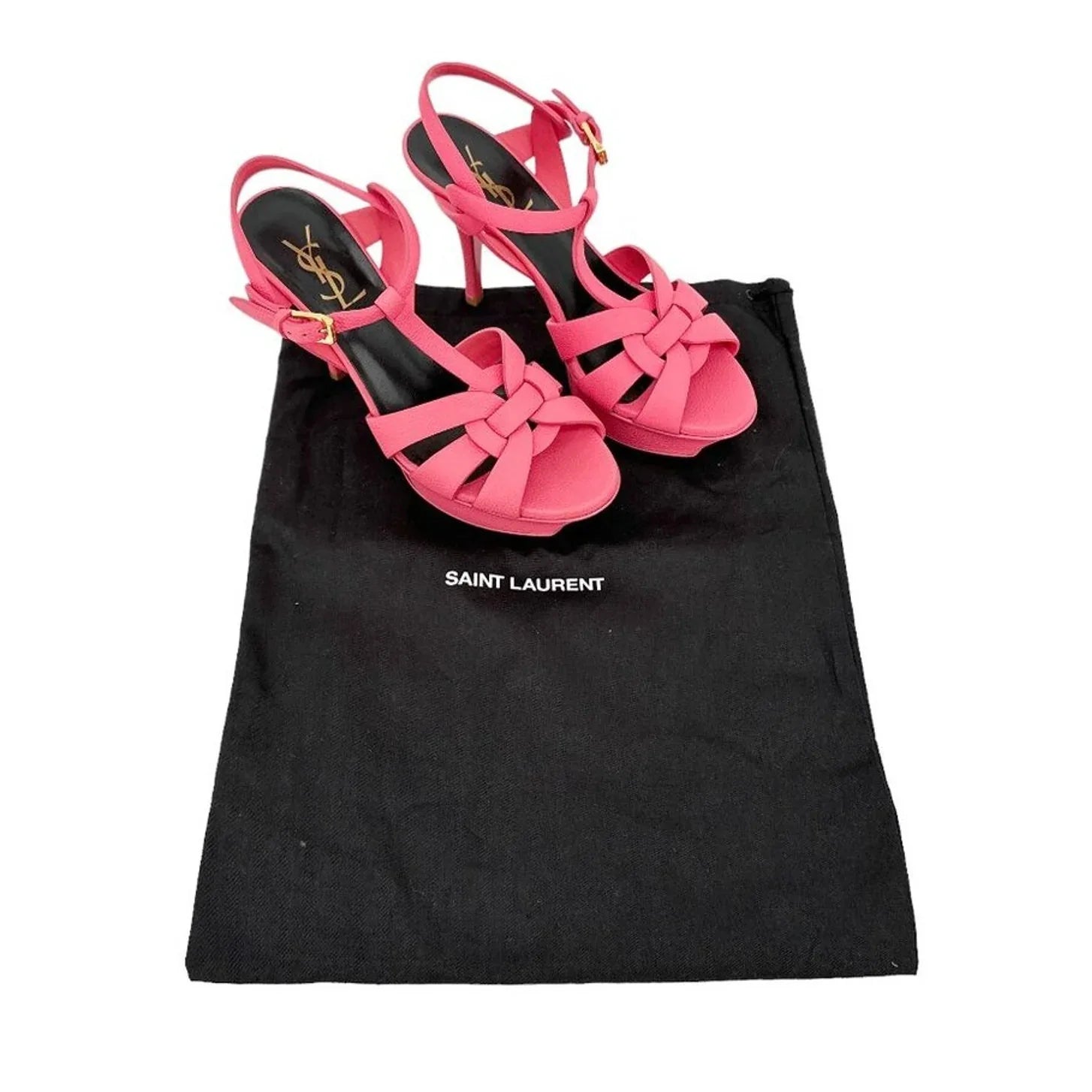 SAINT LAURENT Grained Calfskin Tribute 75 Platform Sandals in Rose Clair 37 - flyKAMP