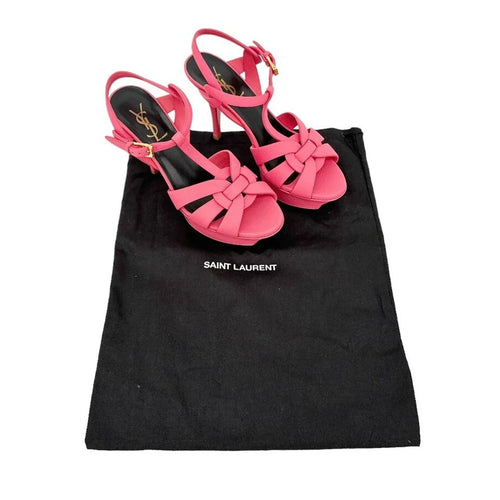 SAINT LAURENT Grained Calfskin Tribute 75 Platform Sandals in Rose Clair 37 - flyKAMP
