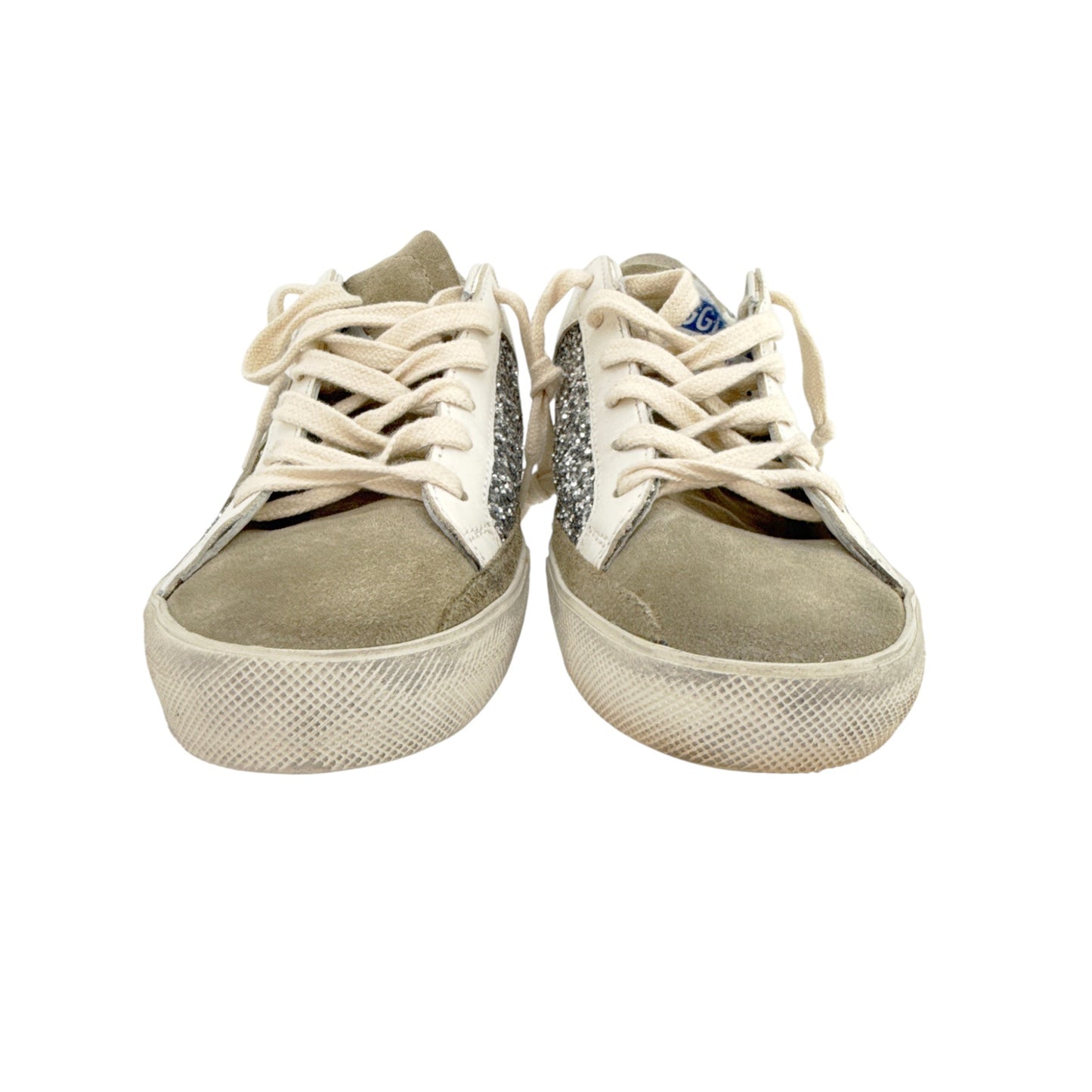 GOLDEN GOOSE Super-Star Silver Glitter Sneakers in Silver, White, & Taupe 37