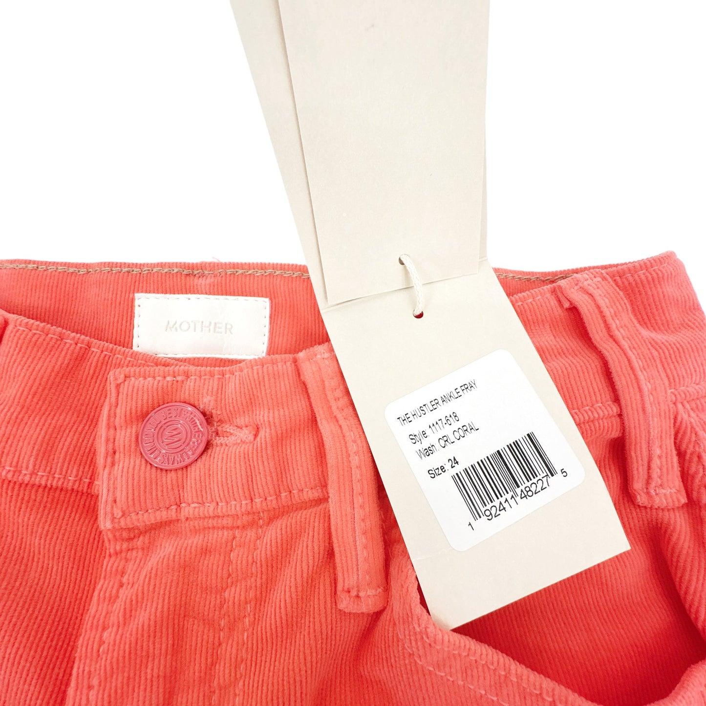 MOTHER The Hustler Ankle Fray Hopscotch Corduroy in Coral 24