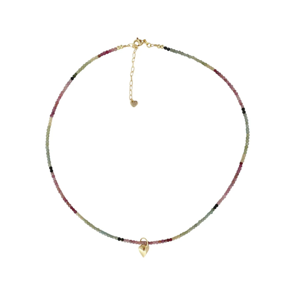 THE SILVER WREN Natural Tourmaline Beaded Necklace with Heart Charm - flyKAMP