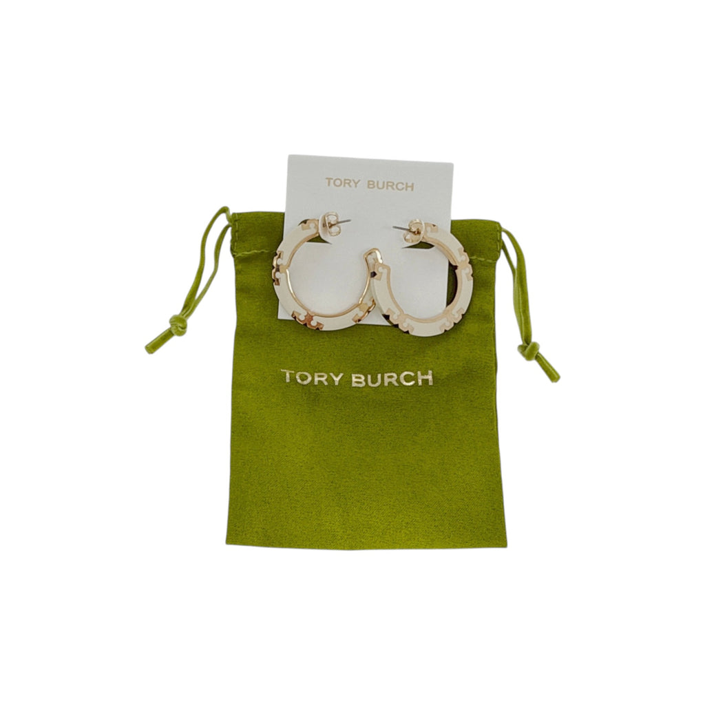 TORY BURCH Icon Enamel Hoop Earrings in Tory Gold / New Ivory / Black Tory Burch