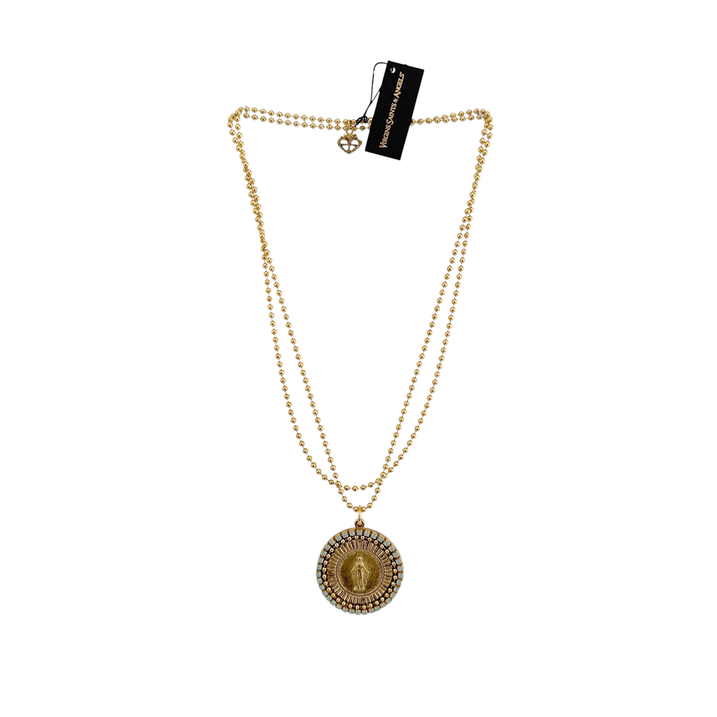 VIRGINS SAINTS & ANGELS VSA Disco Virgin Charm Necklace in Gold & Pacific Opal Virgins Saints & Angels