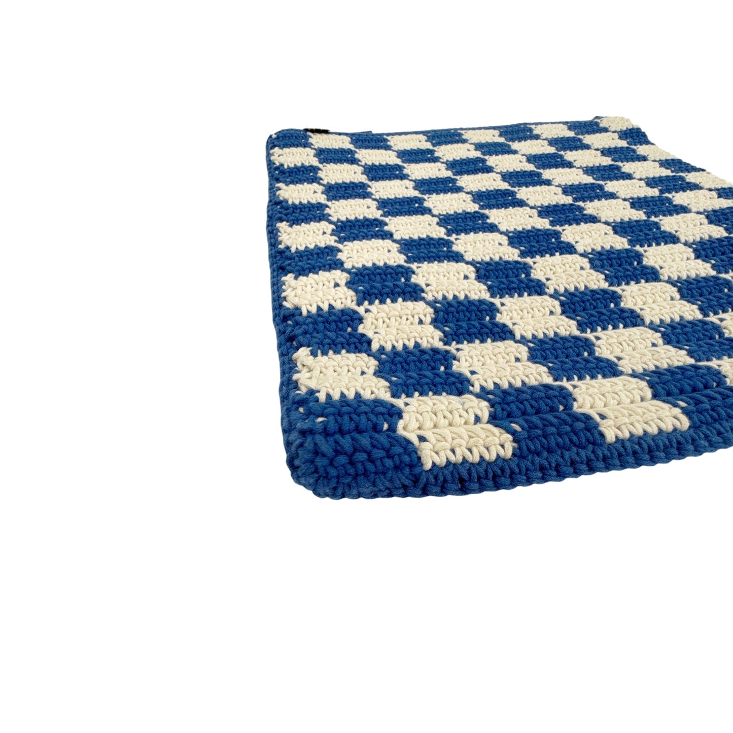 CLARE V. Foldover Clutch in Cobalt & Cream Crochet with Chain Shoulder Strap