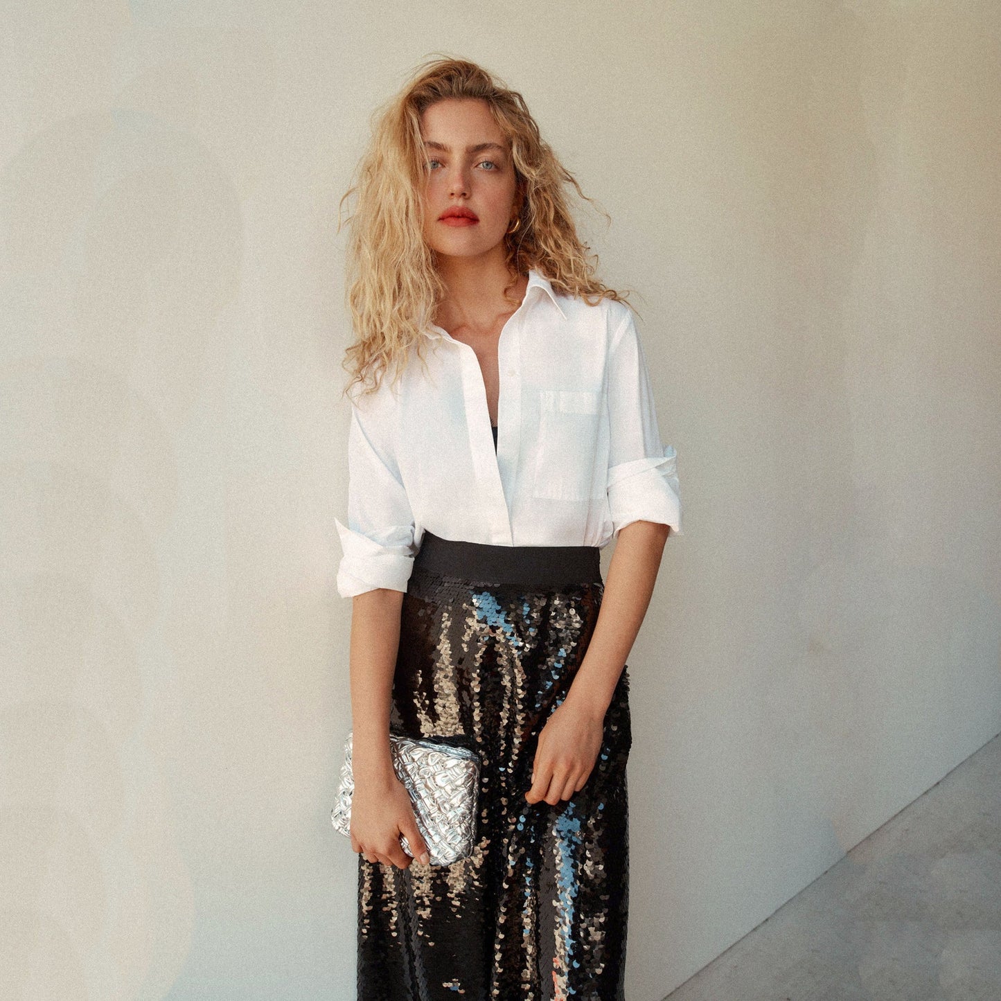 CLARE V. Estelle Clutch Specchio Puffy Woven & Mini Link Shoulder Strap Silver