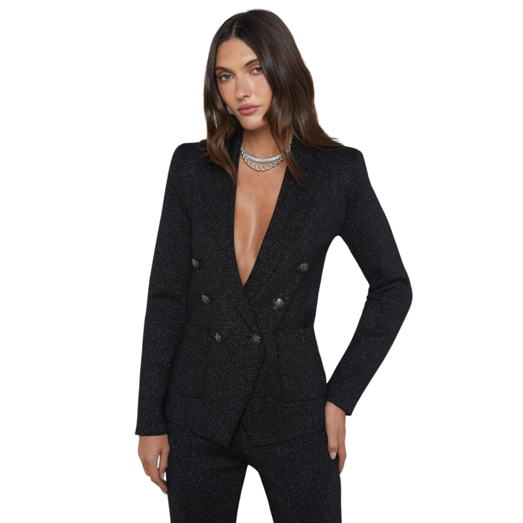 L'AGENCE Kenzie Metallic Knit Blazer in Black & Gunmetal Lurex S L'Agence