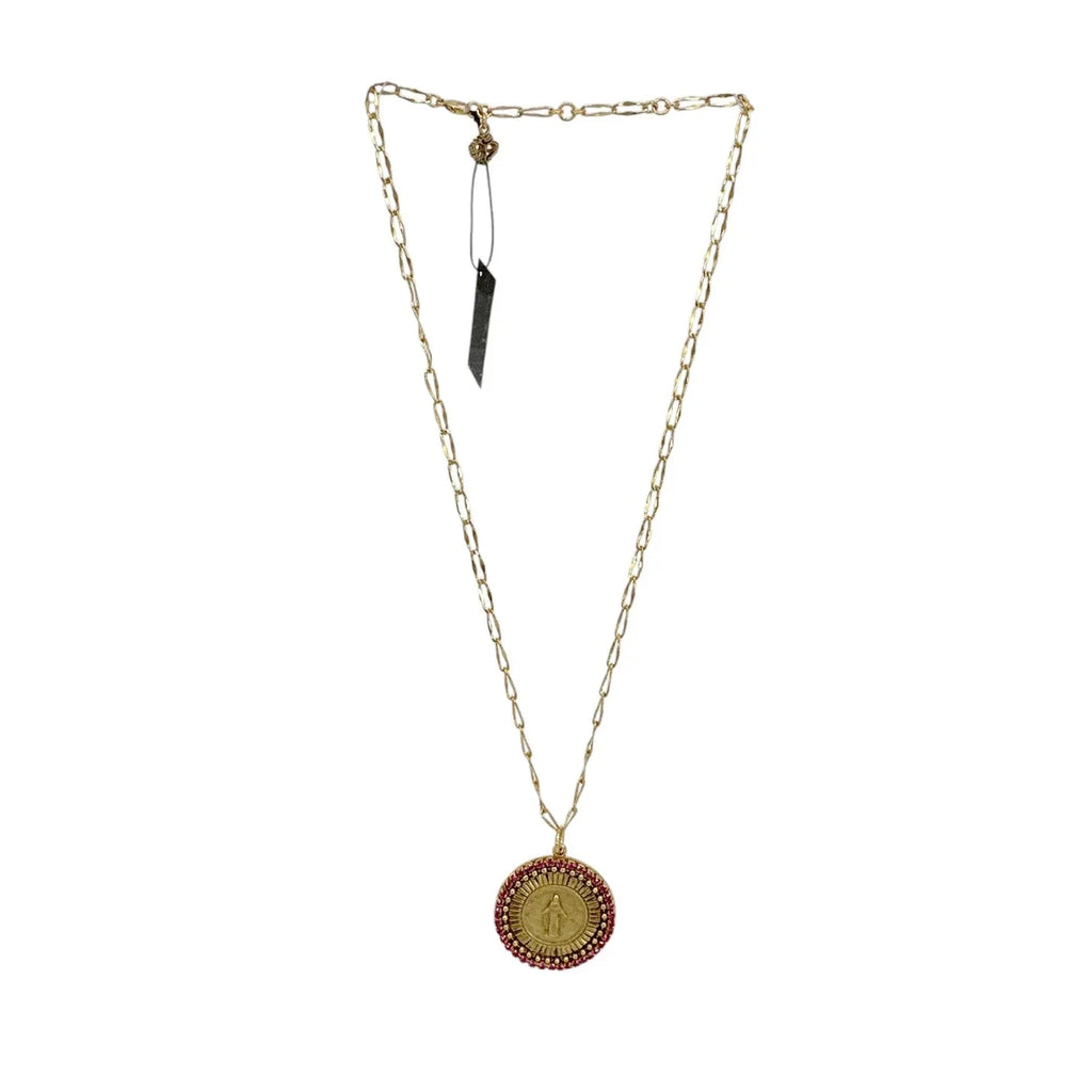 VIRGINS SAINTS & ANGELS Disco Virgin Charm Necklace Gold & Fuchsia - flyKAMP