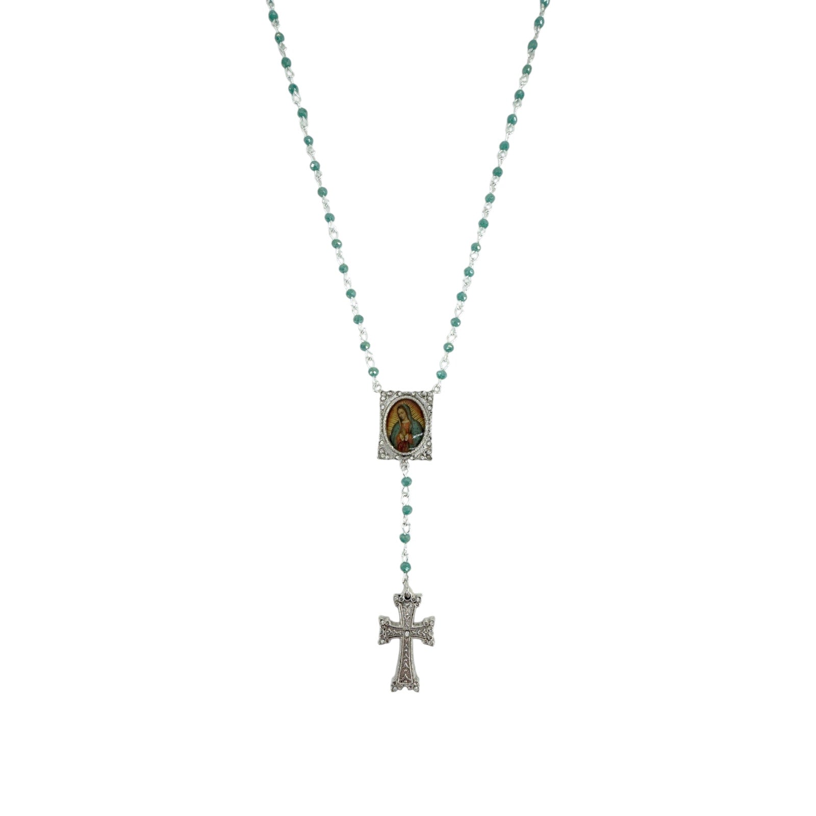 VIRGINS SAINTS & ANGELS VSA Retablo Guadalupe Rosary Necklace Silver & Turquoise Virgins Saints & Angels