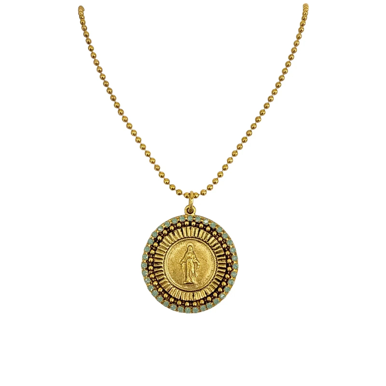 VIRGINS SAINTS & ANGELS VSA Disco Virgin Charm Necklace in Gold & Pacific Opal - flyKAMP