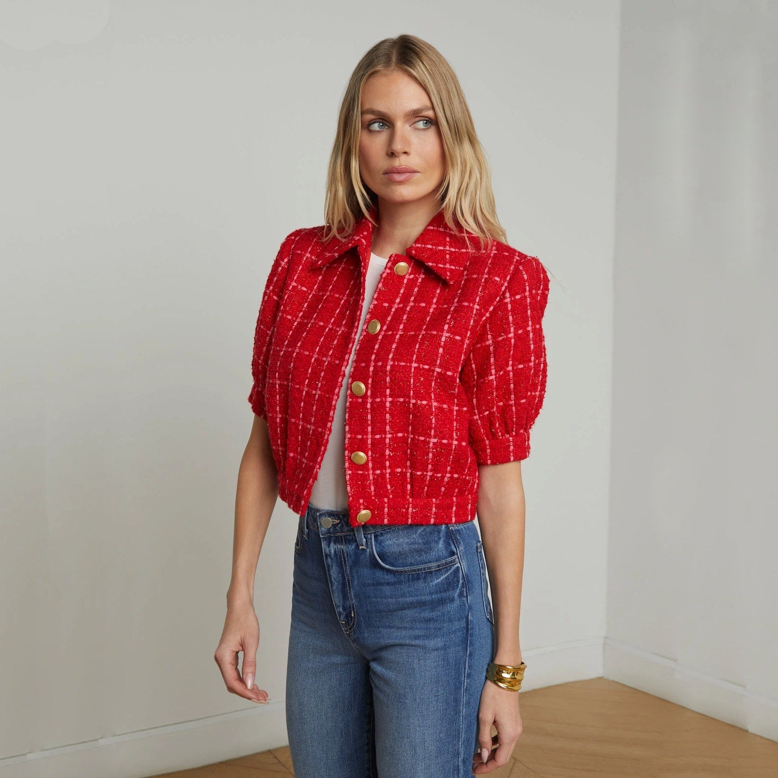 L'AGENCE Cove Cropped Tweed Jacket in Red & Hot Pink Plaid 10|L L'Agence