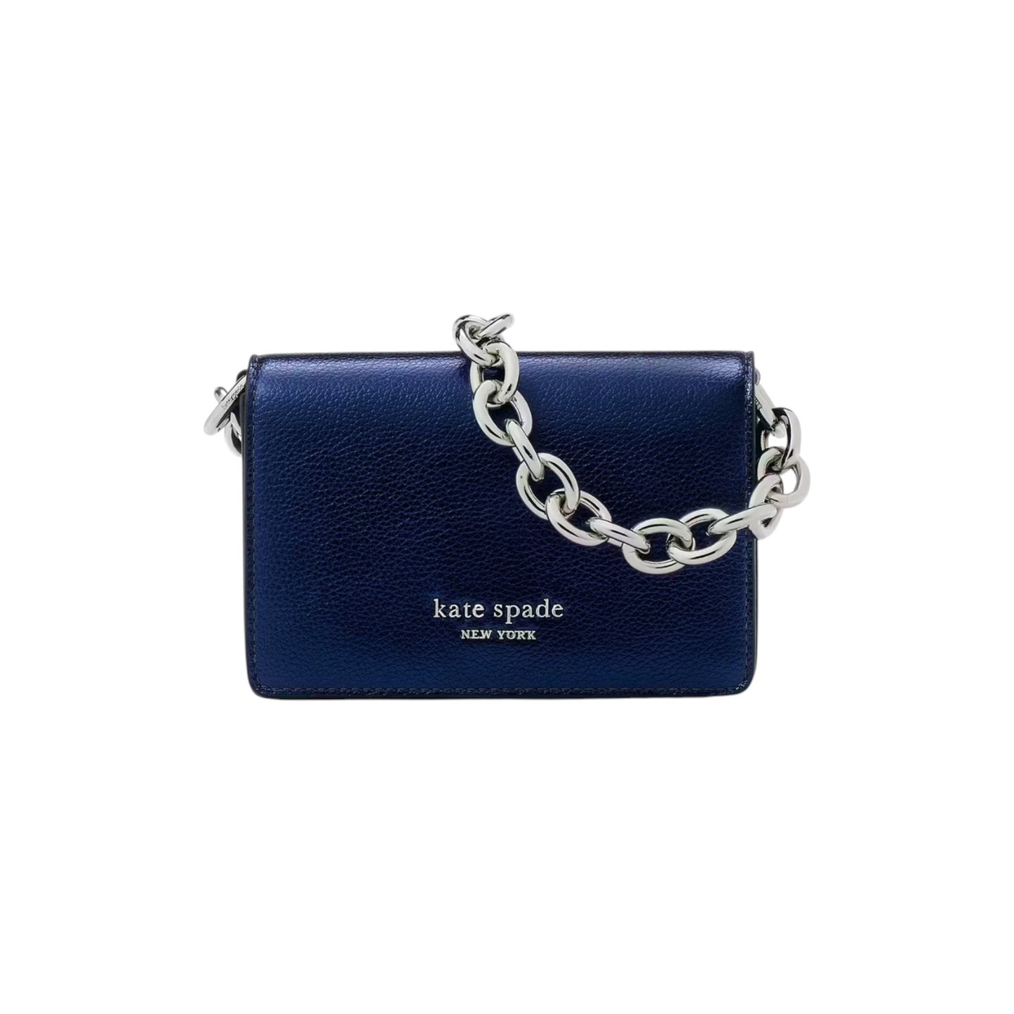 KATE SPADE Natasha Metallic Pebbled Leather Chain Compact Wristlet in Navy