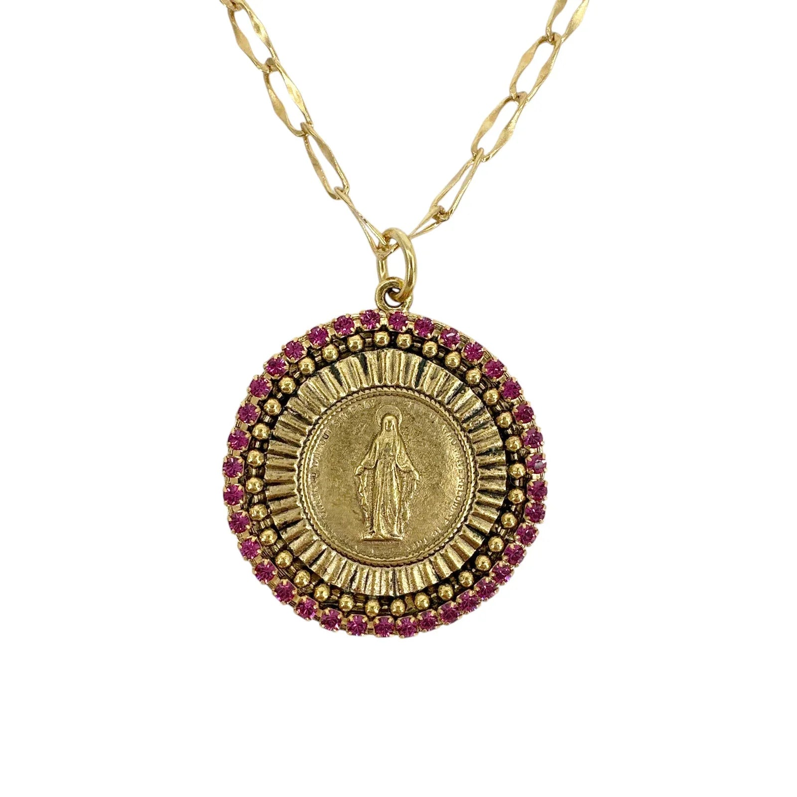 VIRGINS SAINTS & ANGELS Disco Virgin Charm Necklace Gold & Fuchsia - flyKAMP