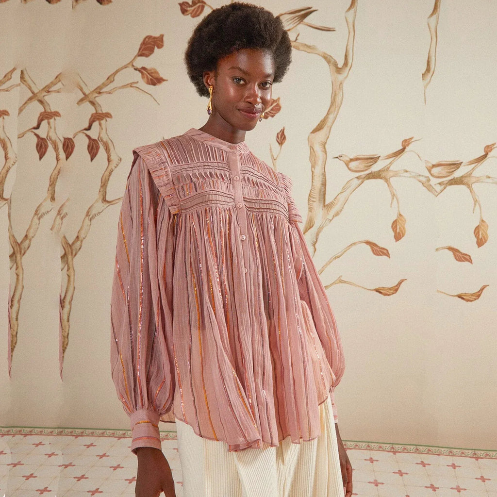 FARM RIO Pleated Yoke Blouse Light Pink S - flyKAMP