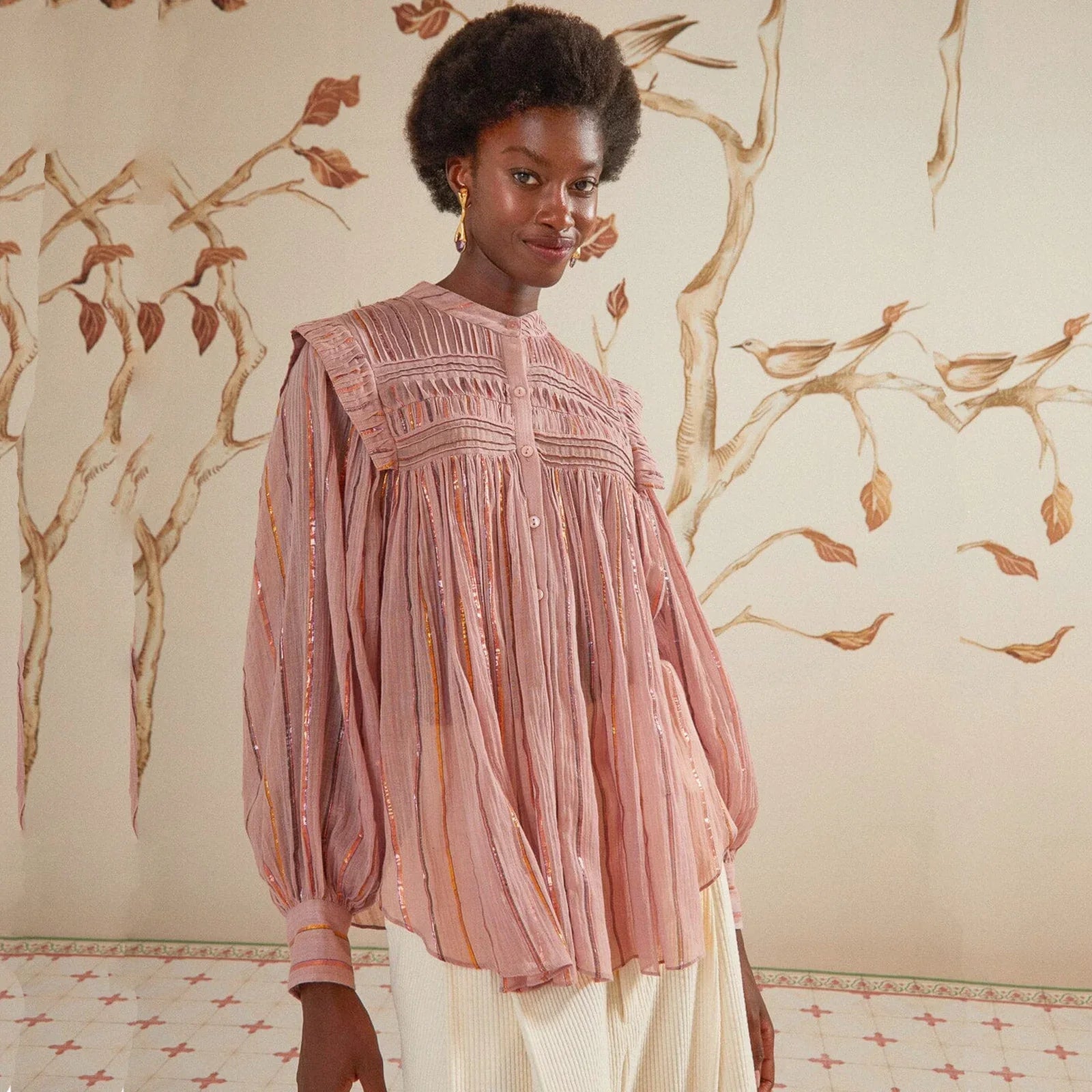FARM RIO Pleated Yoke Blouse Light Pink S - flyKAMP