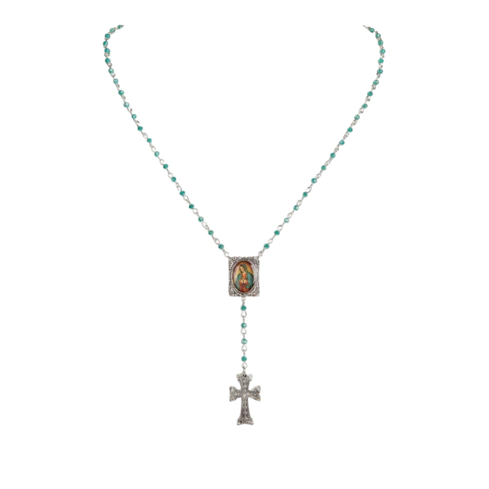 VIRGINS SAINTS & ANGELS VSA Retablo Guadalupe Rosary Necklace Silver & Turquoise Virgins Saints & Angels