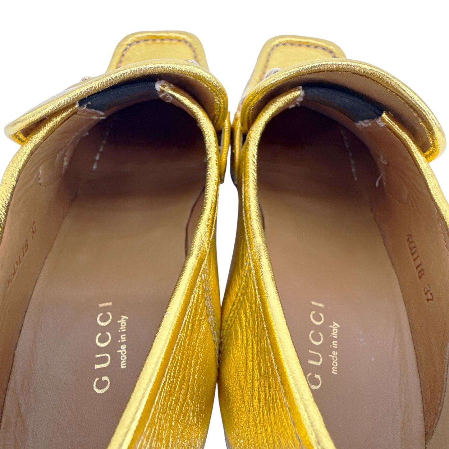 GUCCI Vegas Horsebit Collapsible Heel Metallic Leather Loafer 37