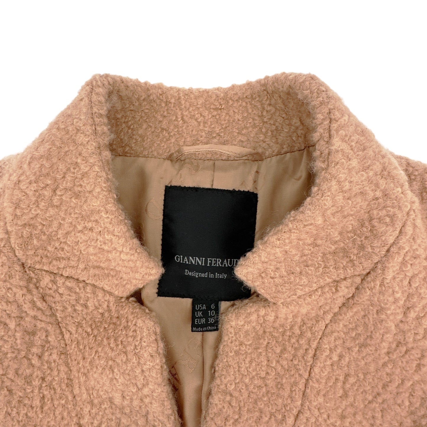 GIANNI FERAUD Slimline Mini Boucle Coat with Upturned Collar in Salmon 6|S