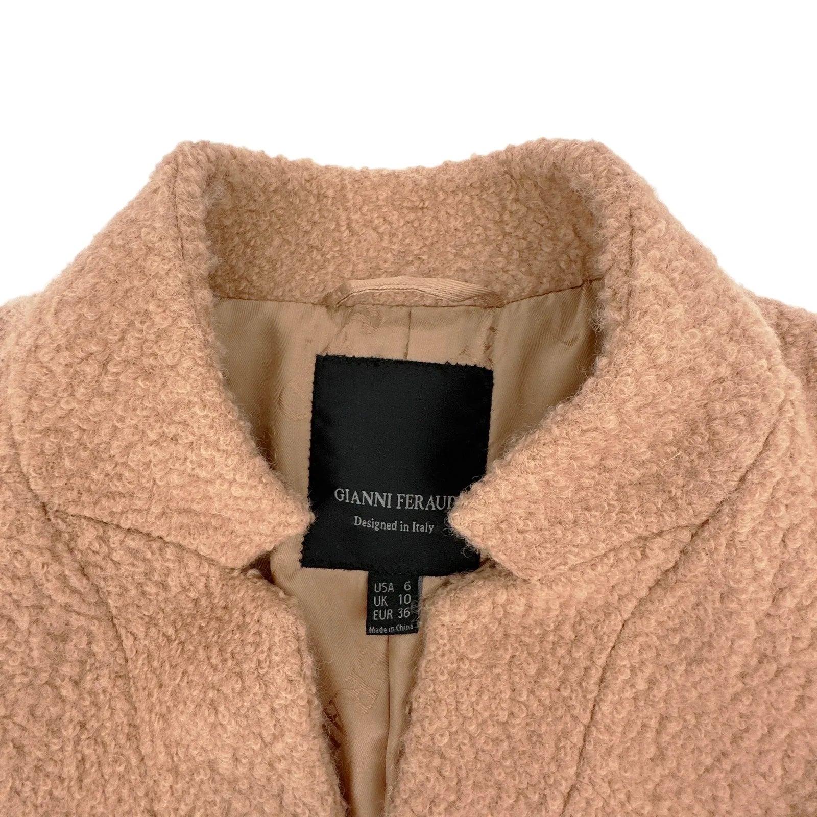 GIANNI FERAUD Slimline Mini Boucle Coat with Upturned Collar in Salmon 6|S - flyKAMP