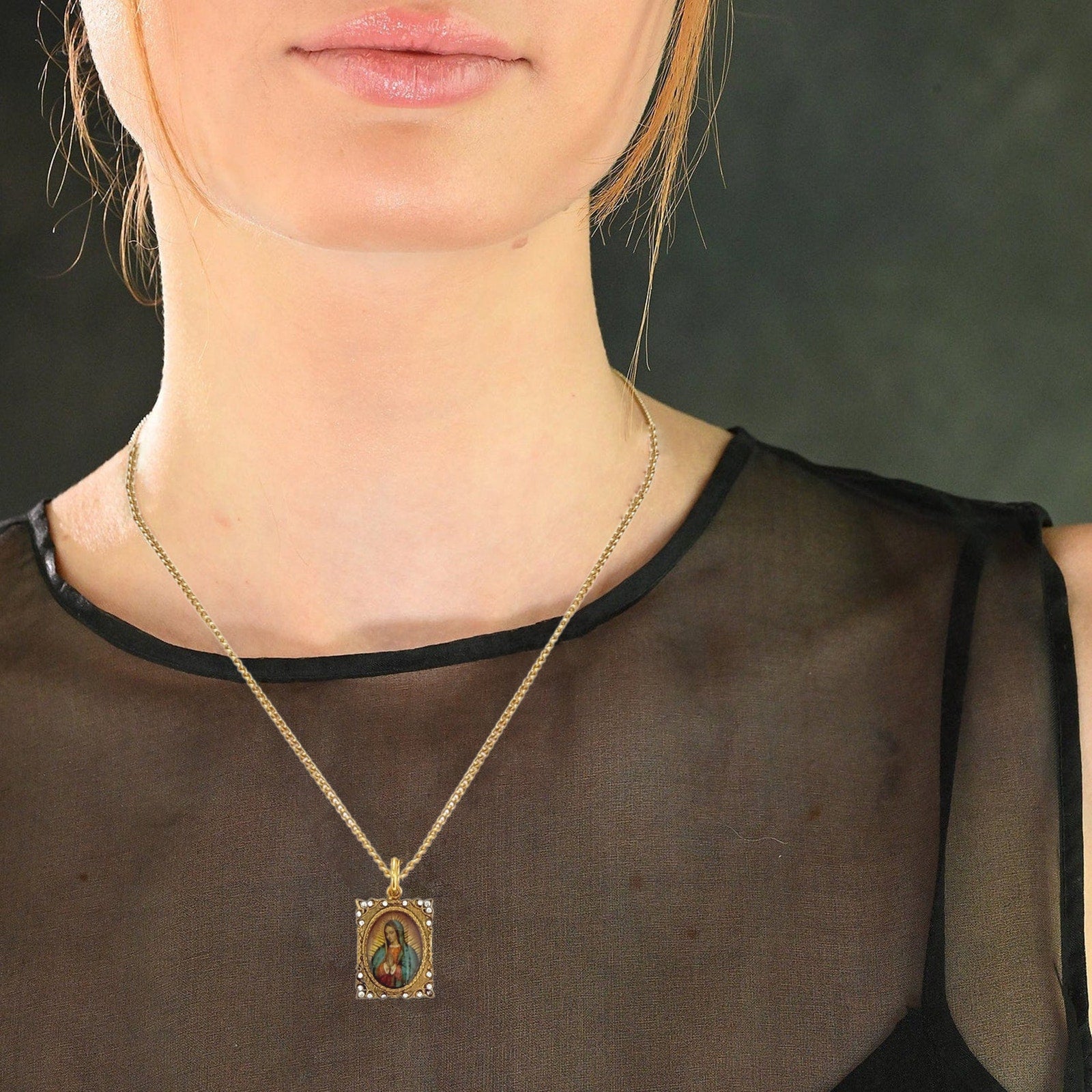 VIRGINS SAINTS & ANGELS VSA Retablo Square Frame Charm Necklace in Gold Virgins Saints & Angels