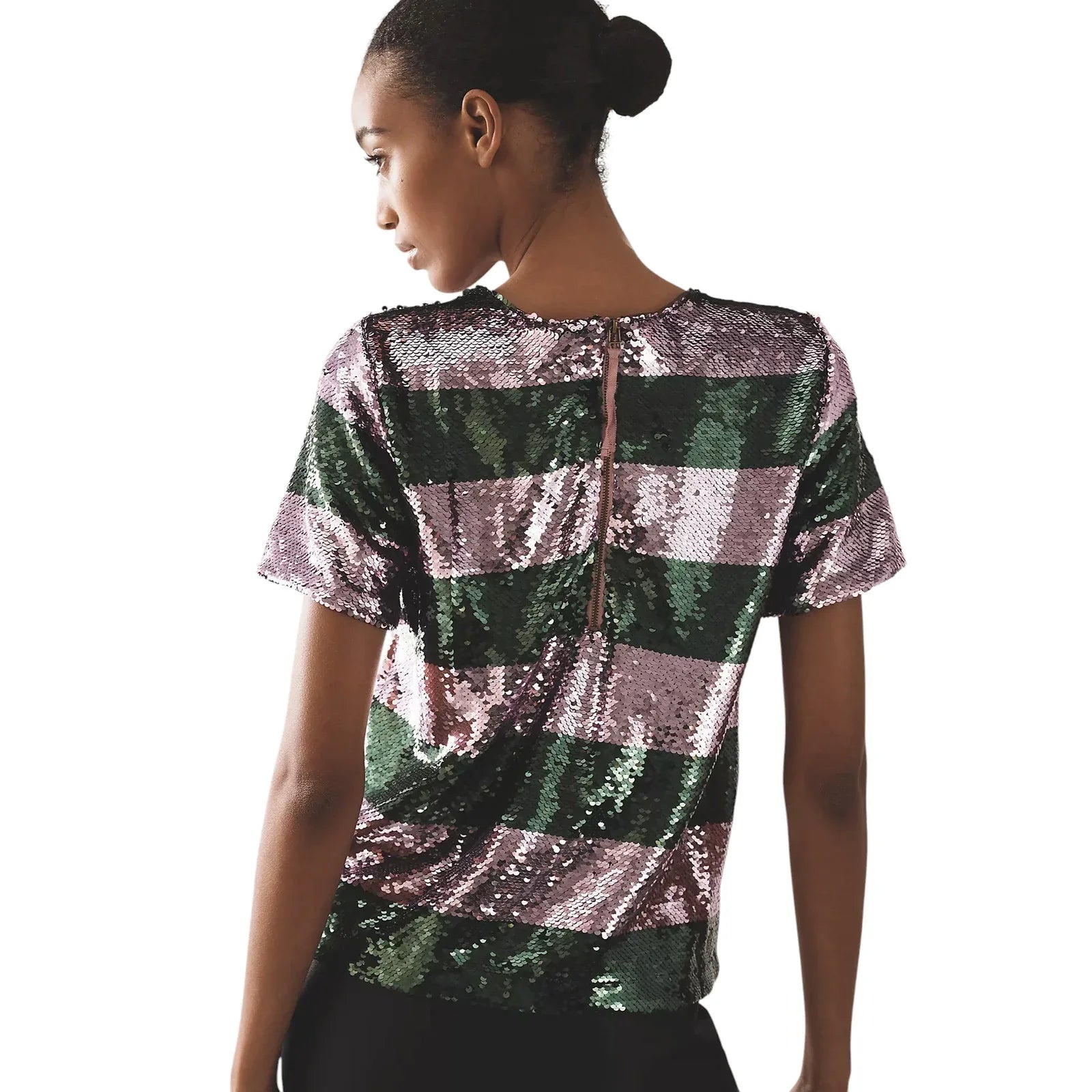 ANTHROPOLOGIE Maeve Short-Sleeve Sequin Striped Top S - flyKAMP