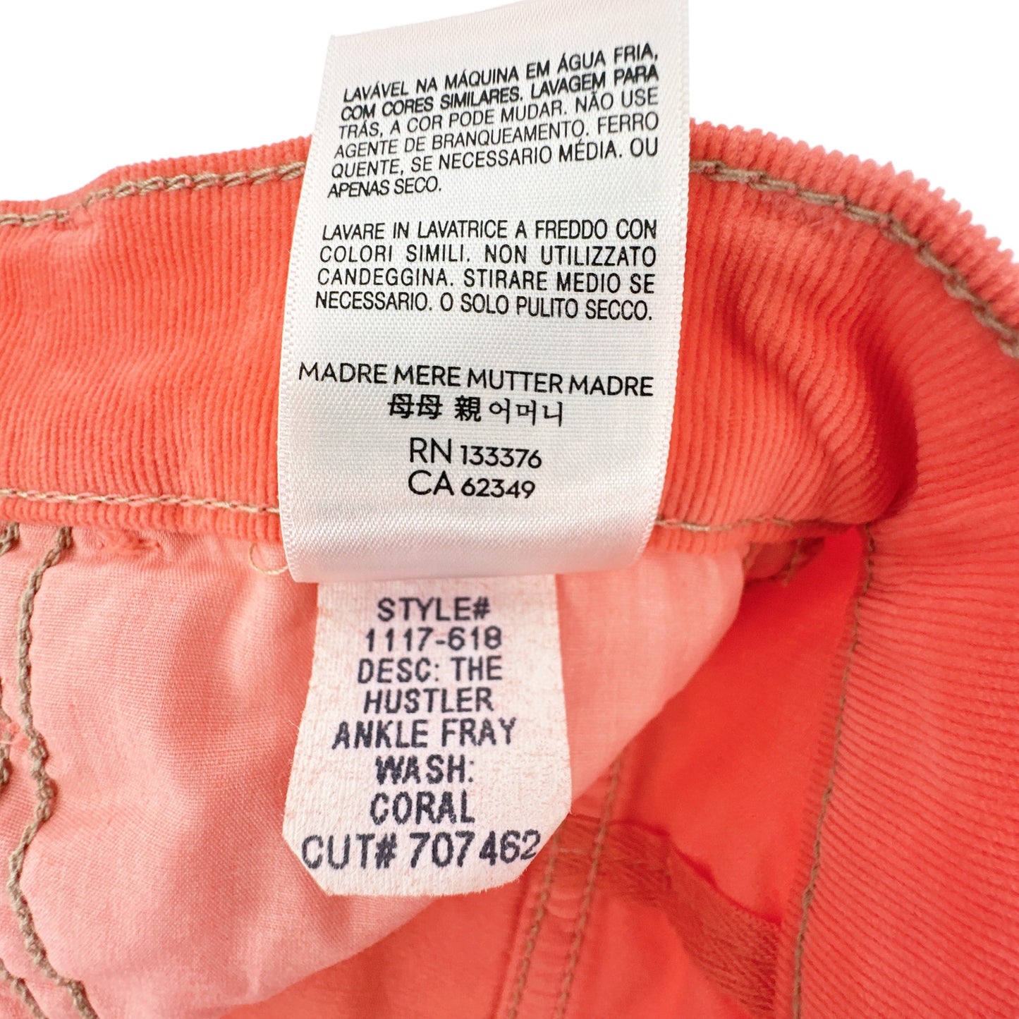 MOTHER The Hustler Ankle Fray Hopscotch Corduroy in Coral 24