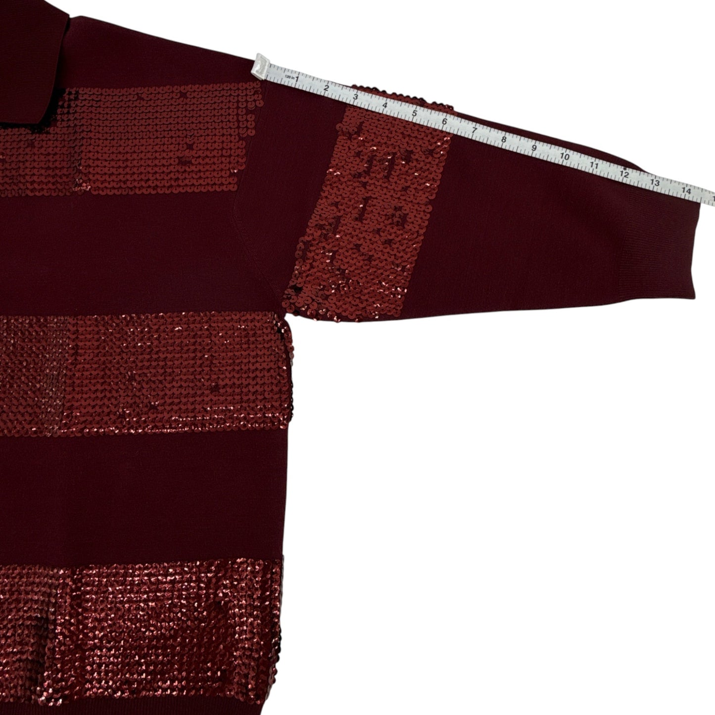ESSENTIEL ANTWERP Illuminati Sequin Striped Polo Shirt in Wine S