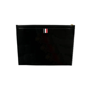 THOM BROWNE Black Soft Patent Leather Grosgrain 4-Bar Medium Document Holder