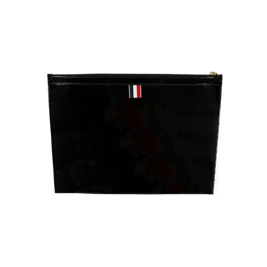 THOM BROWNE Black Soft Patent Leather Grosgrain 4-Bar Medium Document Holder