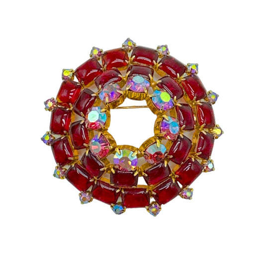 BROOCH Vintage Ruby Red, Pink, & Aurora Borealis Stones