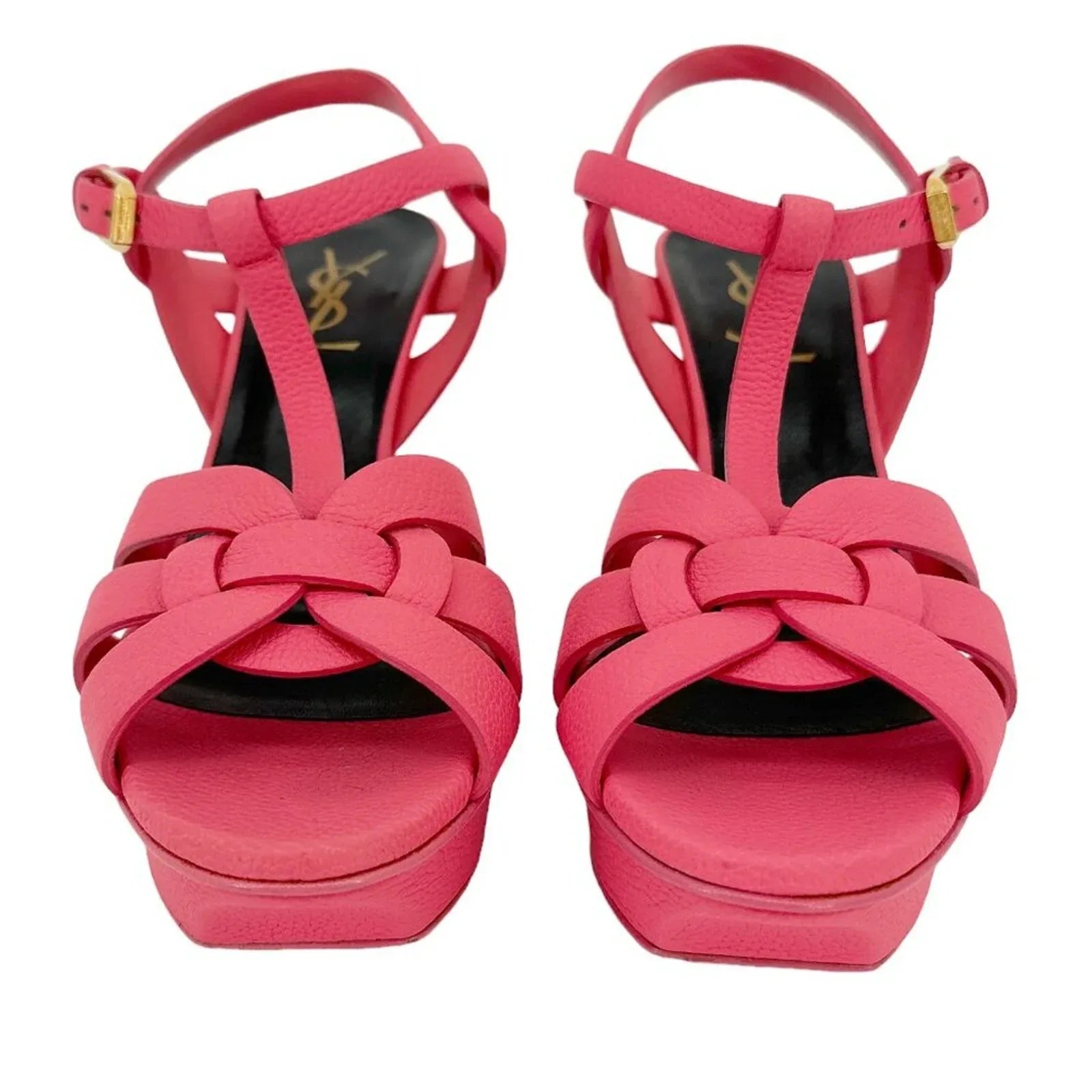 SAINT LAURENT Grained Calfskin Tribute 75 Platform Sandals in Rose Clair 37 - flyKAMP