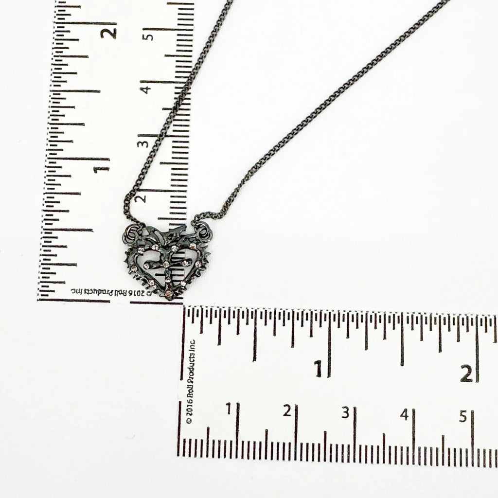 VIRGINS SAINTS & ANGELS Queen of Hearts Petite Crystal Logo Necklace Gunmetal - flyKAMP
