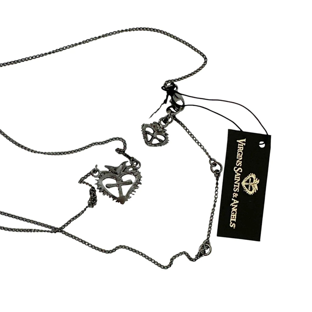 VIRGINS SAINTS & ANGELS Queen of Hearts Petite Crystal Logo Necklace Gunmetal - flyKAMP