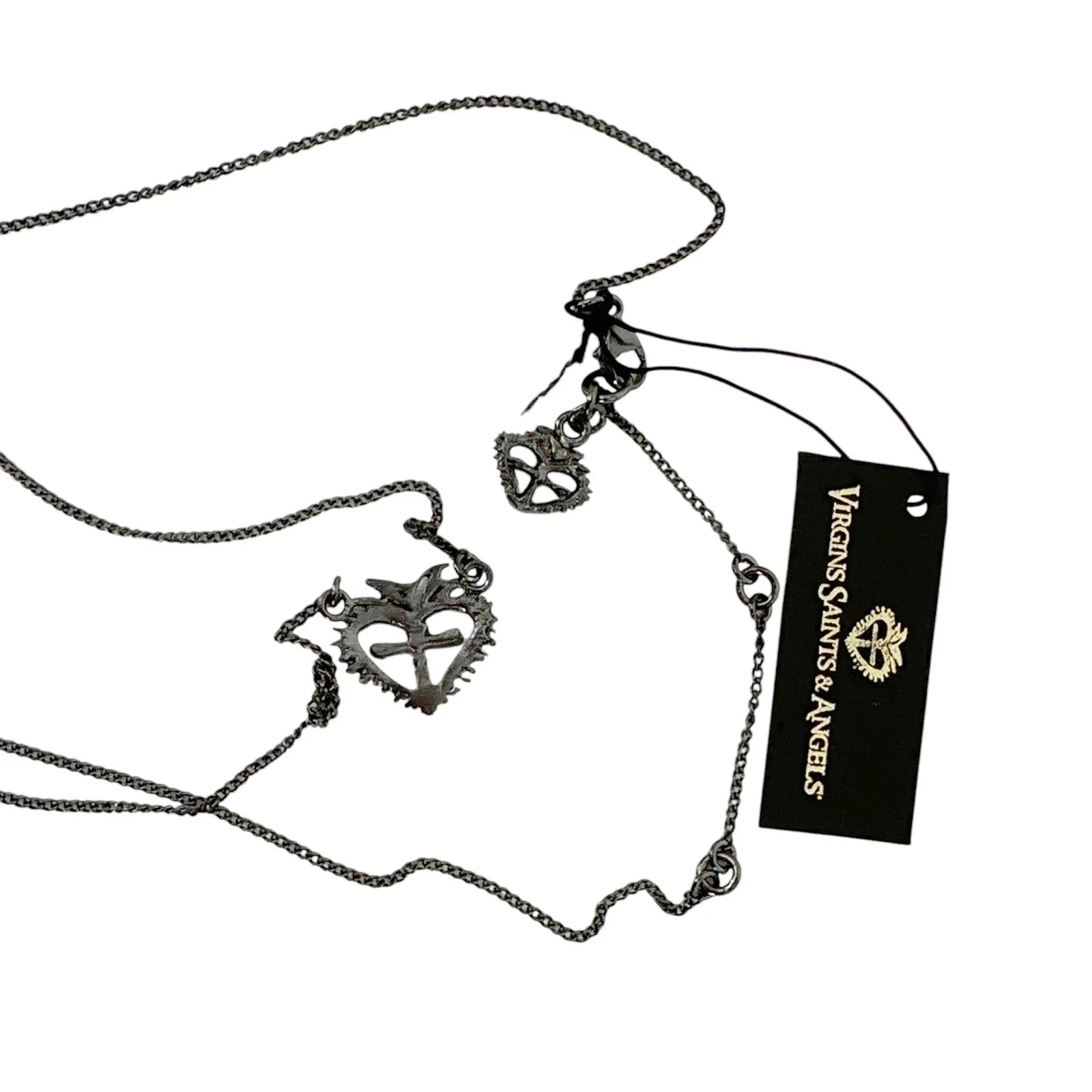 VIRGINS SAINTS & ANGELS Queen of Hearts Petite Crystal Logo Necklace Gunmetal - flyKAMP