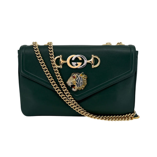 GUCCI Vitello Palmellato Lux Crystal Medium Rajah Shoulder Bag in Vintage Green