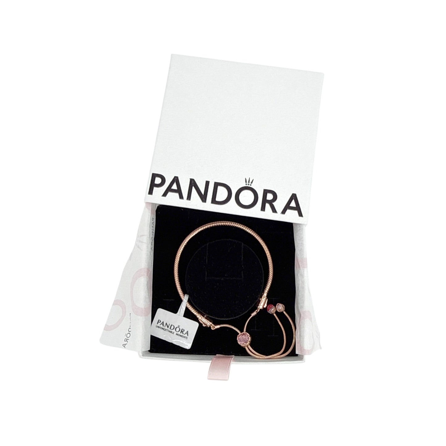 PANDORA Moments Pink Peach Blossom Flower Snake Chain Slider Bracelet