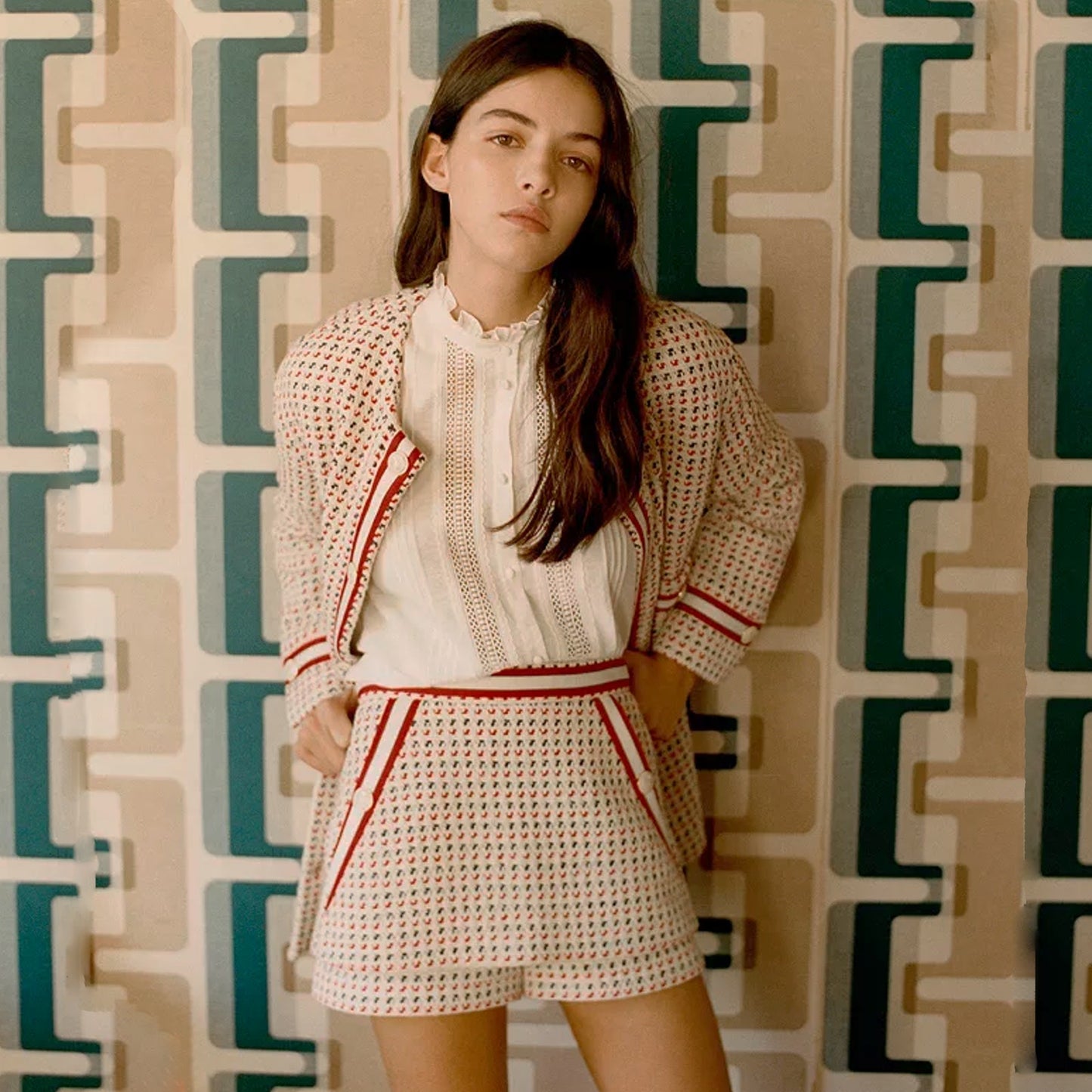 MAJE Irona Tweed Skort in Ecru, Red, & Navy FR36|S